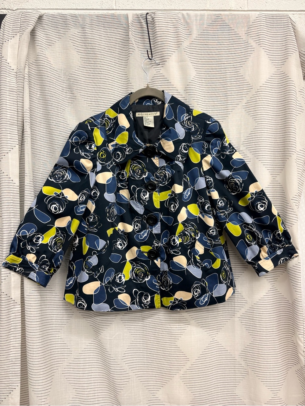 Requirements Navy Floral-Print Blazer Jacket with Yellow & Cream Accents